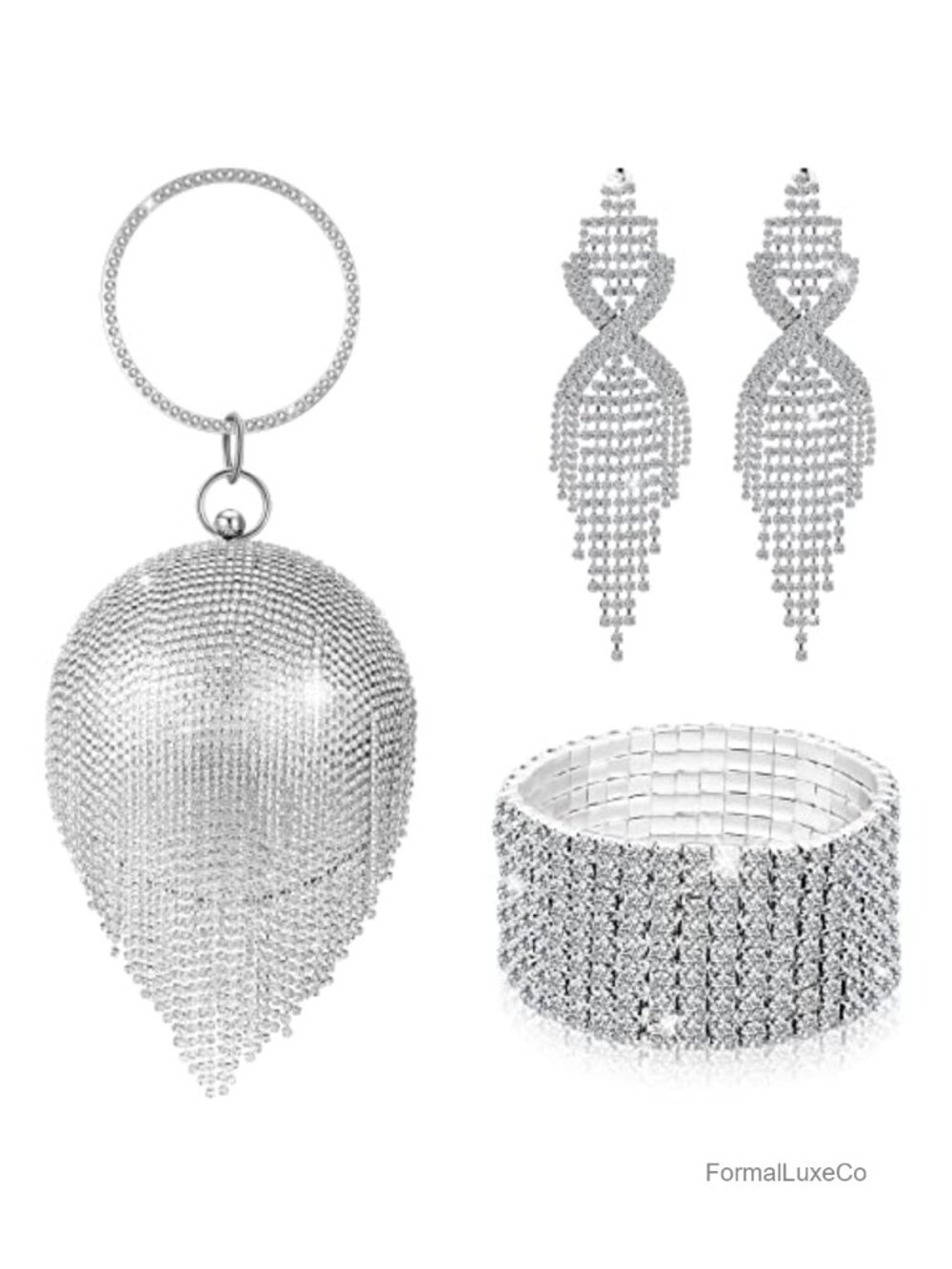 Silver Rhinestone Jewelry Set Clutch Purse Earrings Bracelet 3 Pcs